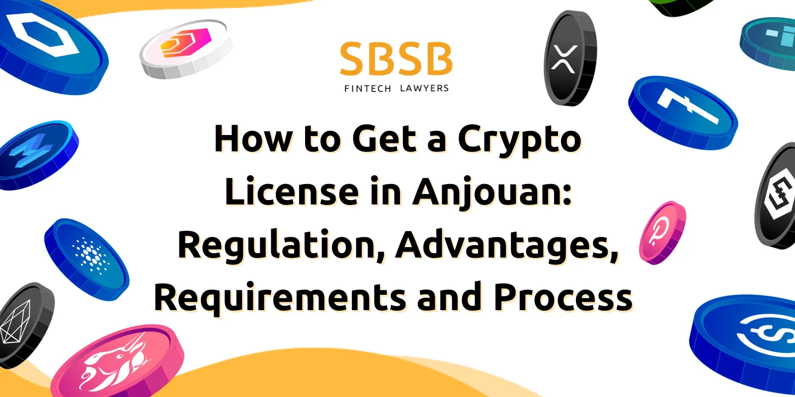 Fintech lawyers discussing crypto licensing with various digital currency icons and informative text on the process.