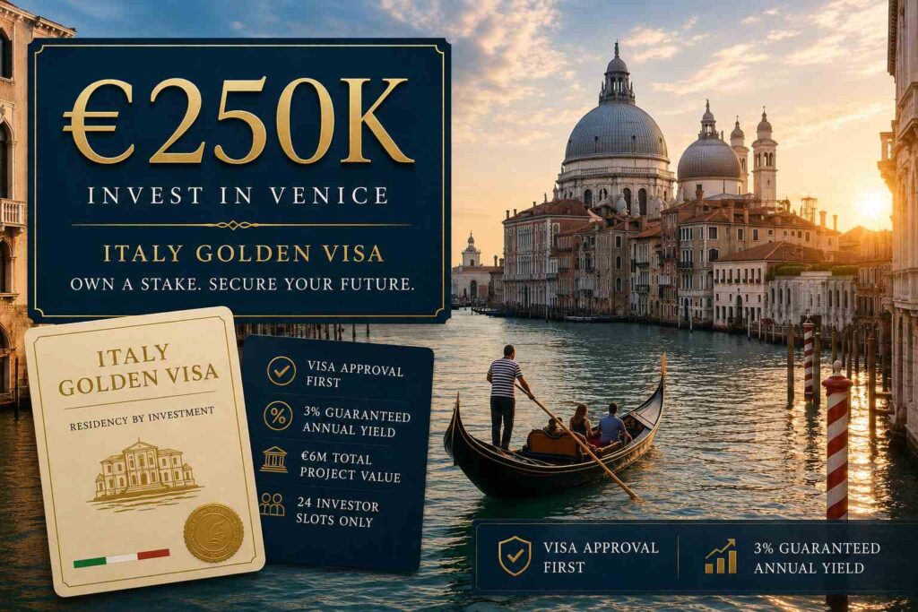 Golden visa investment advertisement featuring Venice skyline, gondola, and key investment details.