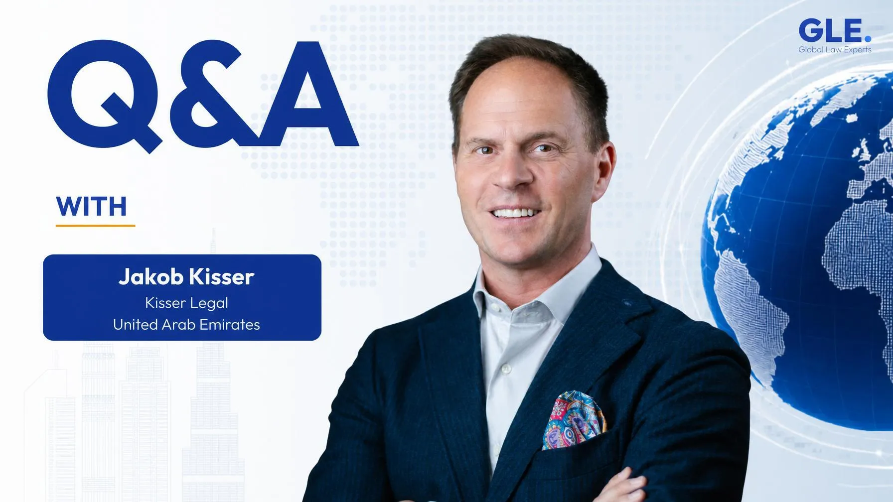 Lawyer posing confidently with arms crossed in front of a world map background for Q&A feature.