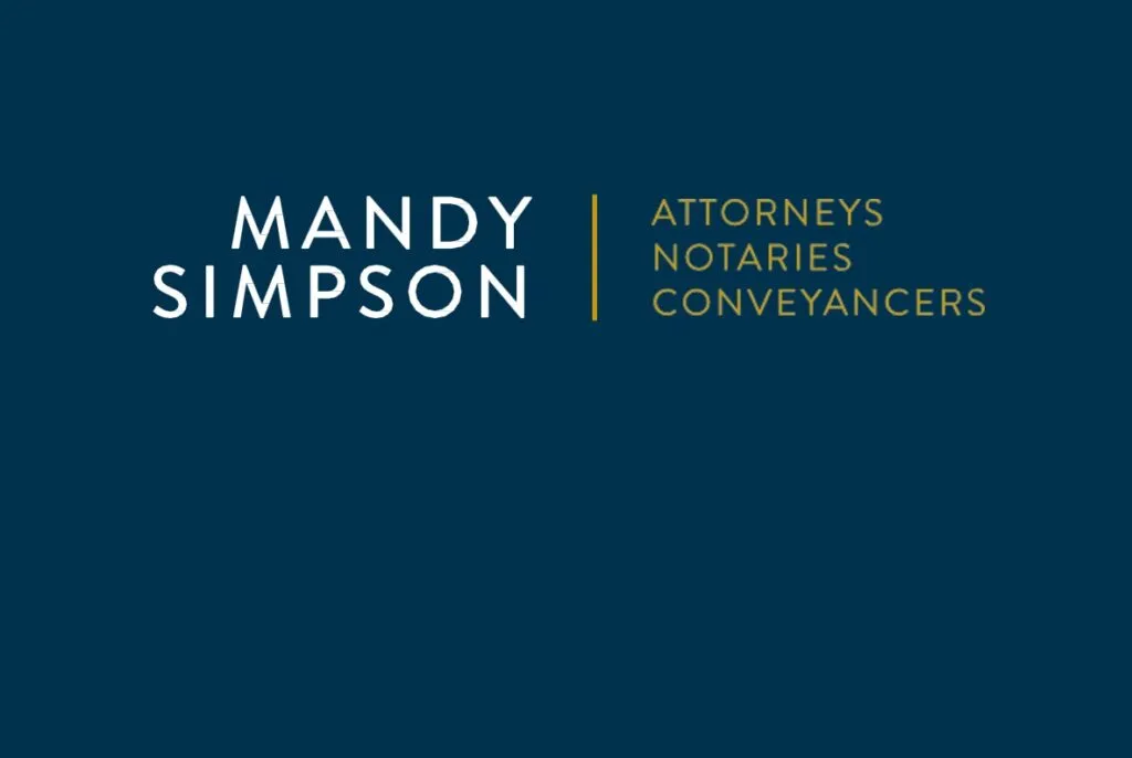 Mandy Simpson legal firm logo featuring attorneys, notaries, and conveyancers with a dark background.