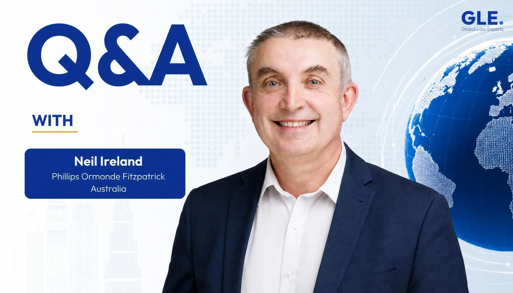 Legal expert smiling in professional attire, featured in a Q&A format on a global law directory background.