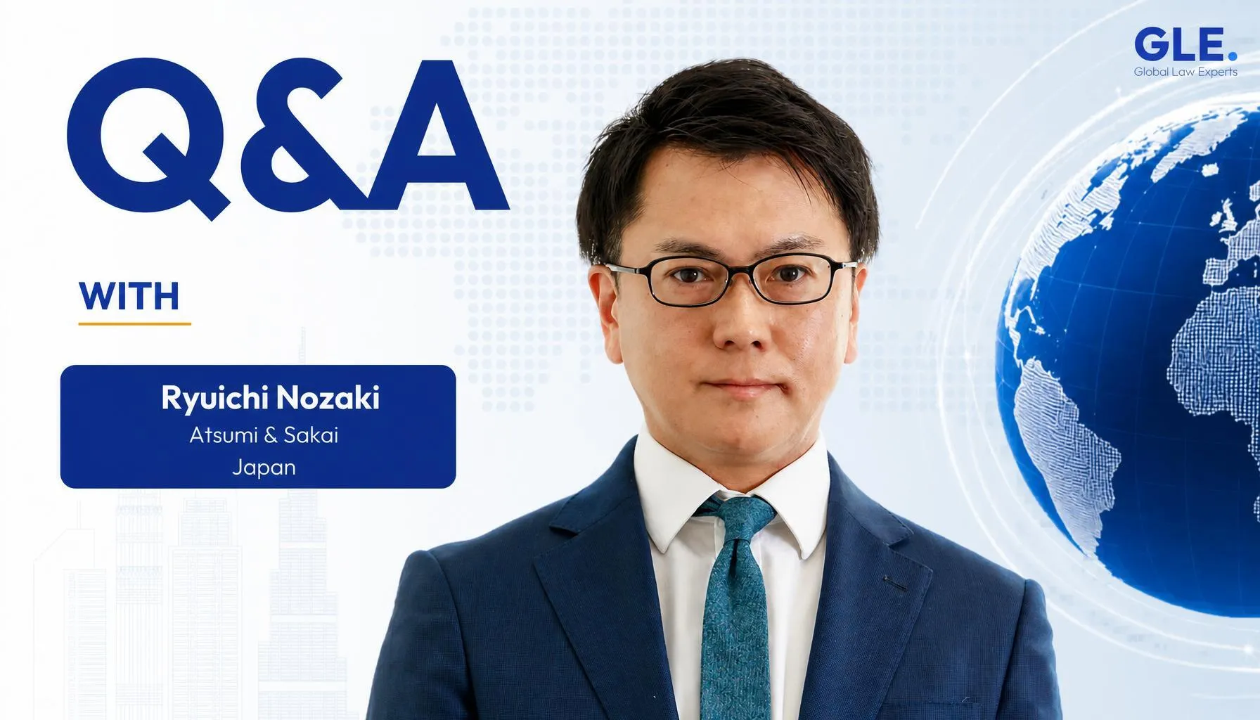 Legal professional posing for a portrait, with a globe and text reading "Q&A" in the background.
