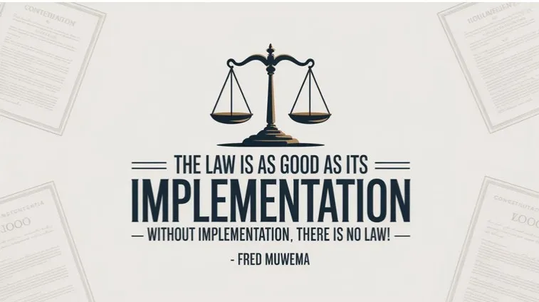 Scales of justice with a quote about the importance of law implementation, surrounded by legal documents.