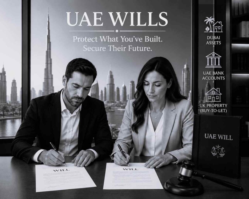Lawyers signing wills at a desk with legal documents and a gavel in a modern office setting.