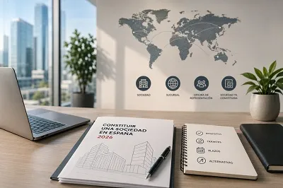 Desk with legal documents, laptop, and a world map backdrop in a modern office setting.
