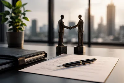 Desk with legal documents, pen, and decor of two small figures shaking hands against a city backdrop.