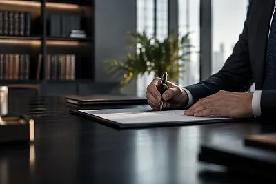 Attorney signing legal documents at a modern desk in a law office, with bookshelves in the background.