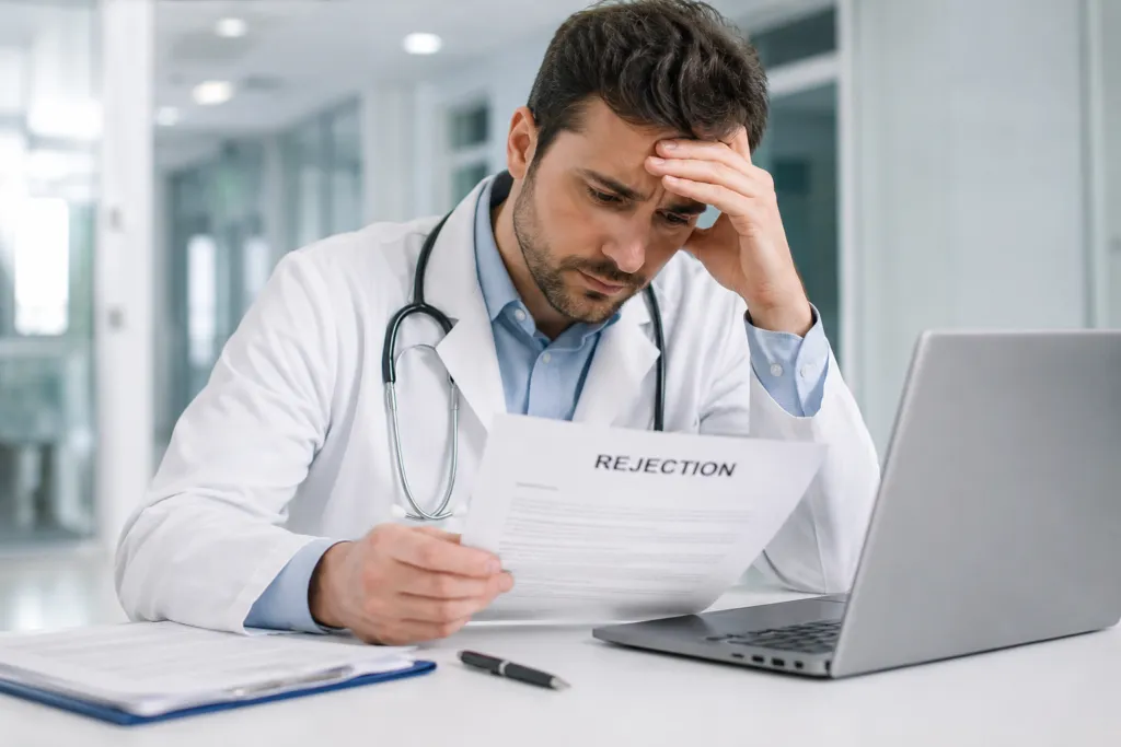 Doctor reviewing rejection letter while seated at office desk with laptop and paperwork.