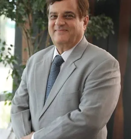 Lawyer in a light gray suit standing confidently, with greenery and modern decor in the background.