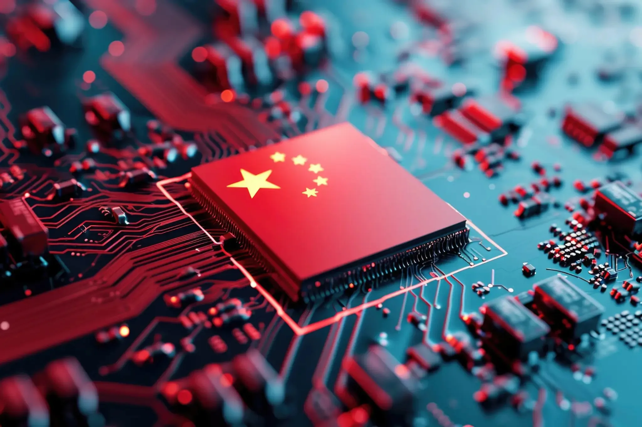 Computer circuit board with a prominent microchip featuring the Chinese flag design.