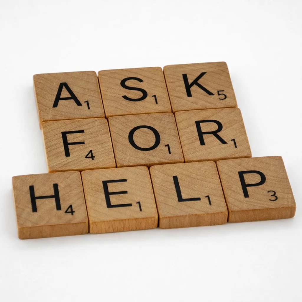 Wooden letter tiles arranged to spell "ASK FOR HELP" on a neutral background.