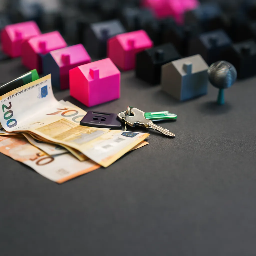 Colorful toy houses alongside Euro banknotes and keys on a dark surface, emphasizing real estate or financial themes.