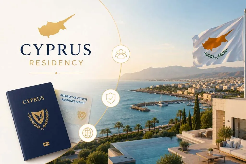 Cyprus residency permit booklet with scenic coastal view and national flag in the background | Global Law Experts News