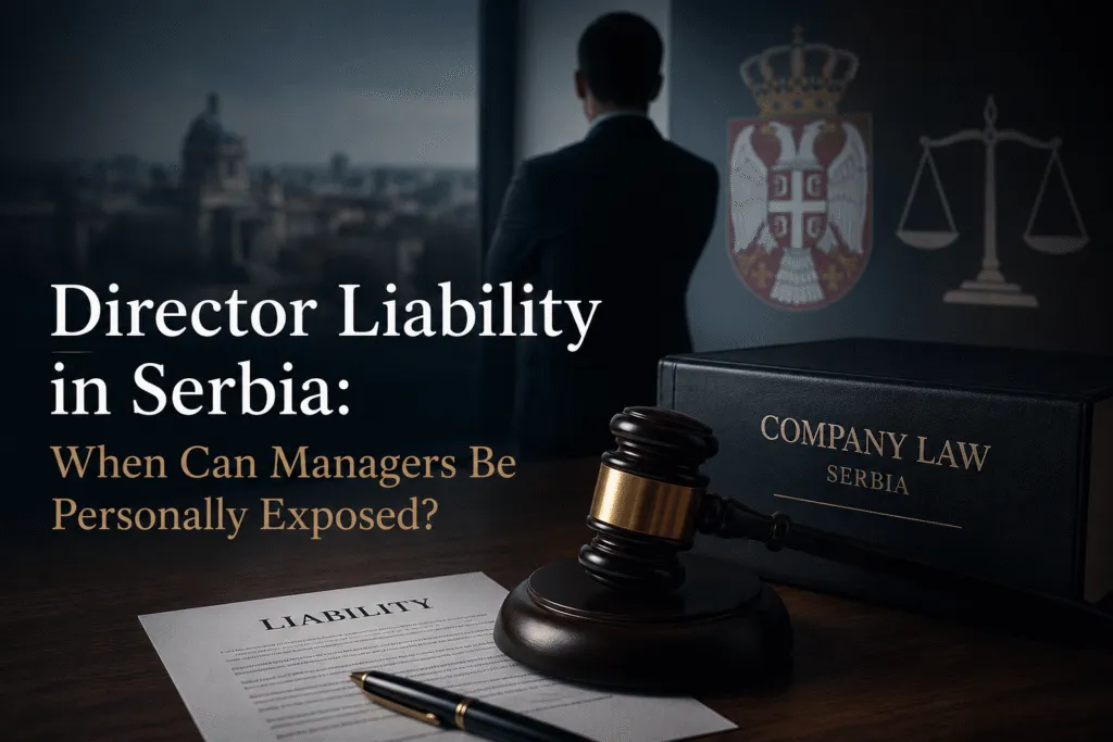 Legal document titled "LIABILITY" and gavel on desk with Serbian law book and silhouette of a man looking out a window.