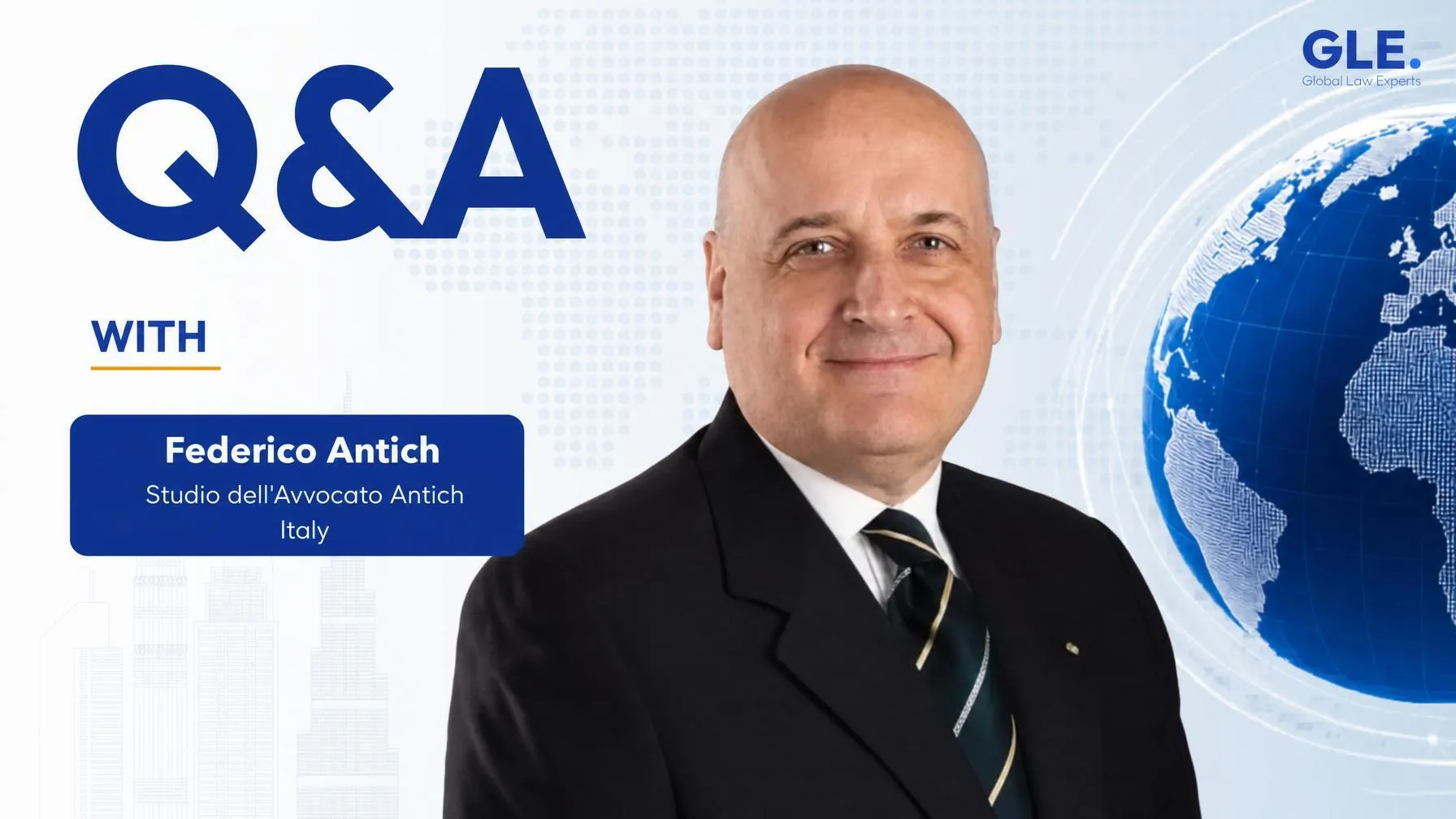 Attorney Federico Antich smiling, featured in a legal Q&A setting with a global theme background.