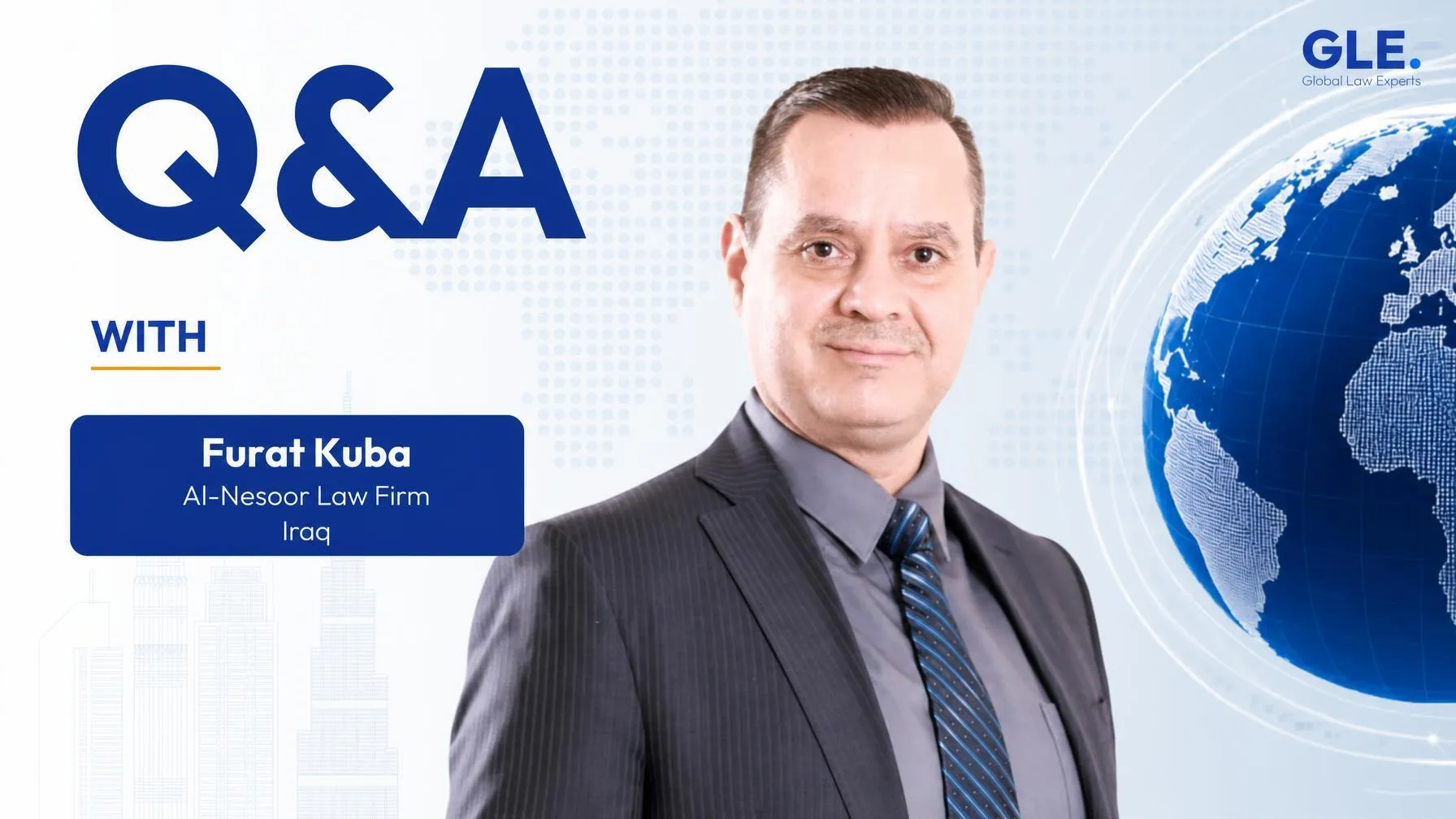 Attorney Furat Kuba from Al-Nesoor Law Firm posing in front of a world map background for a Q&A session.