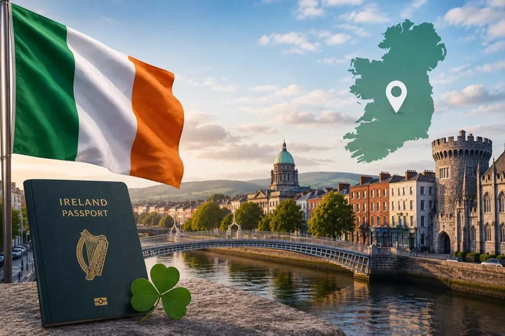 Ireland passport displayed with flag and map outline in background, showcasing Dublin's riverfront architecture.