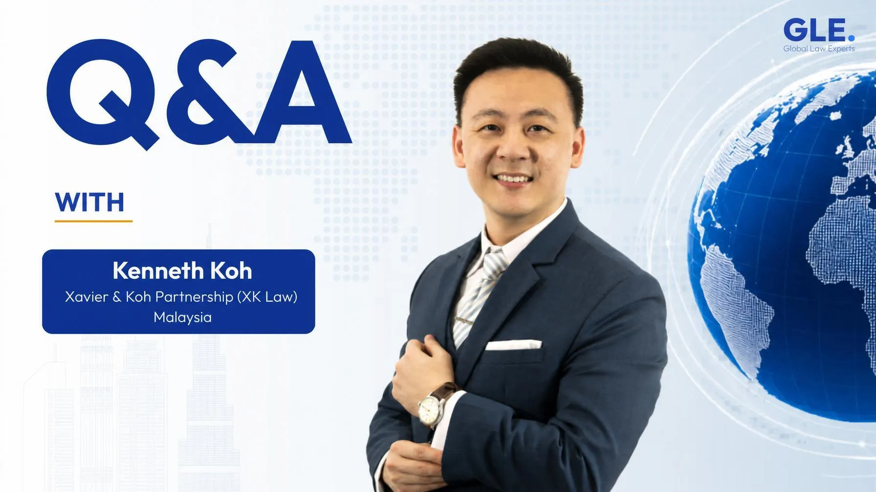 Legal professional presenting in a Q&A format, wearing a suit with a world map background and company branding.