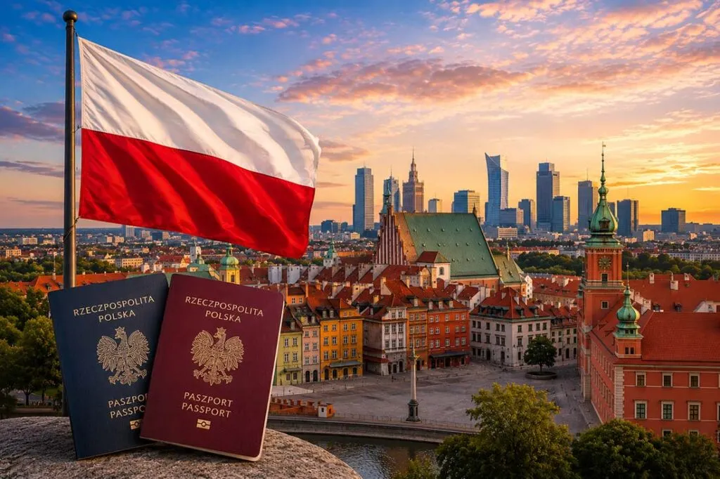 Polish flag displayed above two passports in front of a city skyline at sunset.
