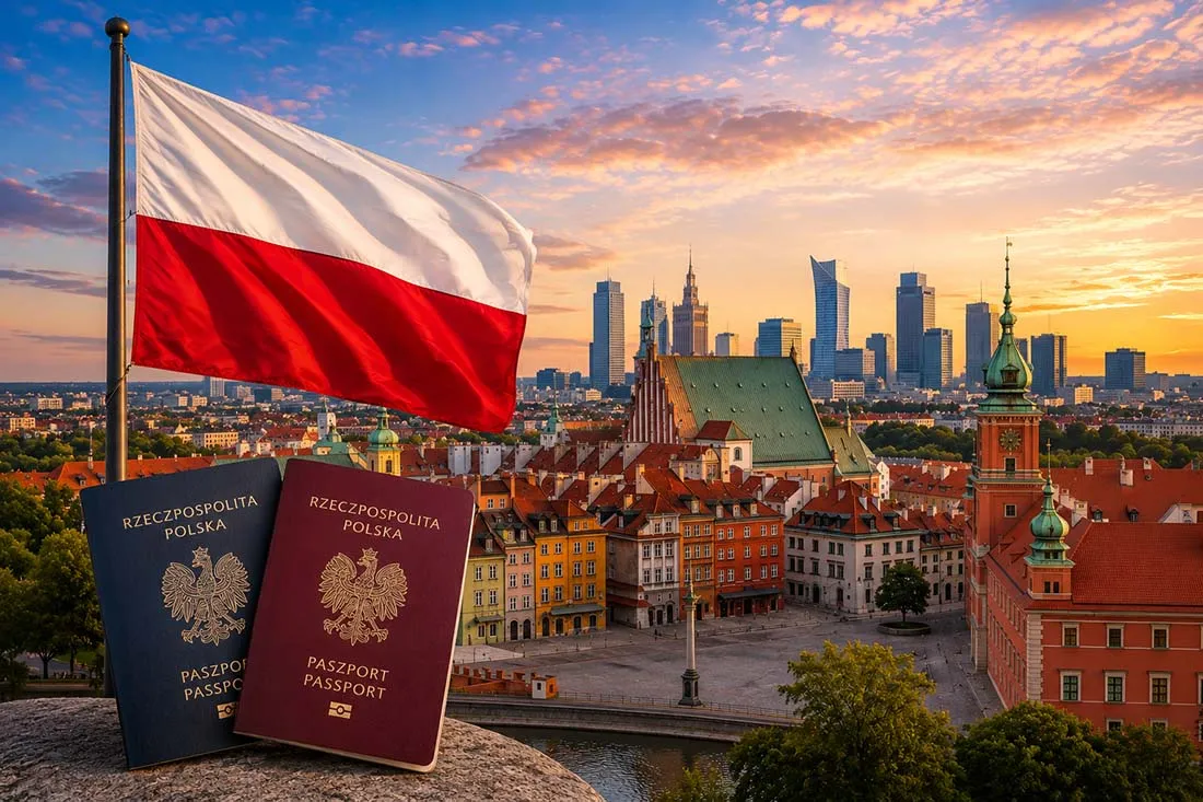 Polish flag displayed above two passports in front of a city skyline at sunset.