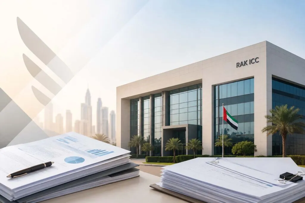 Modern law office building with legal documents and a pen on a desk, showcasing a professional legal environment.