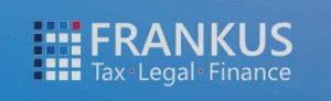 Logo for Frankus, featuring tax, legal, and finance services. Blue background with grid pattern and text.