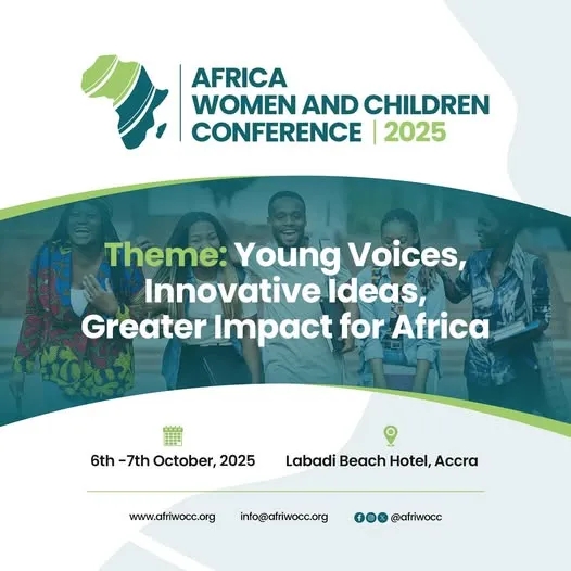 Conference promotional materials for the Africa Women and Children Conference, featuring theme details and event location.