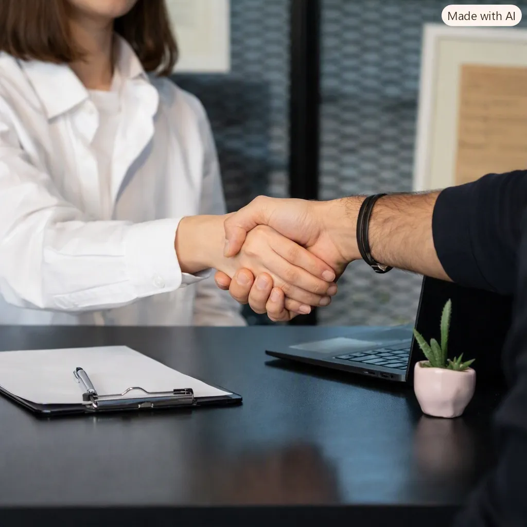 Attorney and client shaking hands across a desk with legal documents and a laptop present in the office setting.
