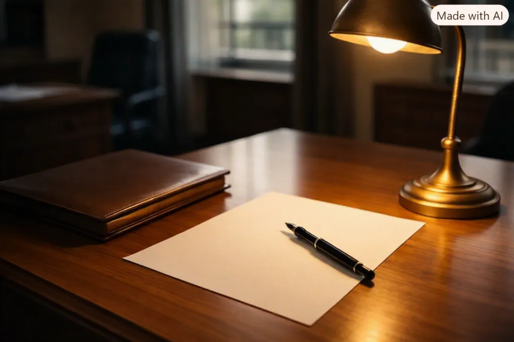 Desk with a legal pad and pen illuminated by a desk lamp in a law office setting.